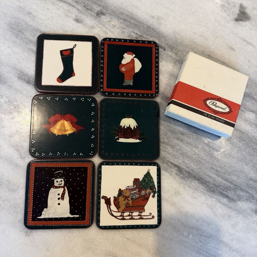 Vintage Pimpernel Christmas Coasters Assorted Designs Boxed Set Of 6 Cork Backed